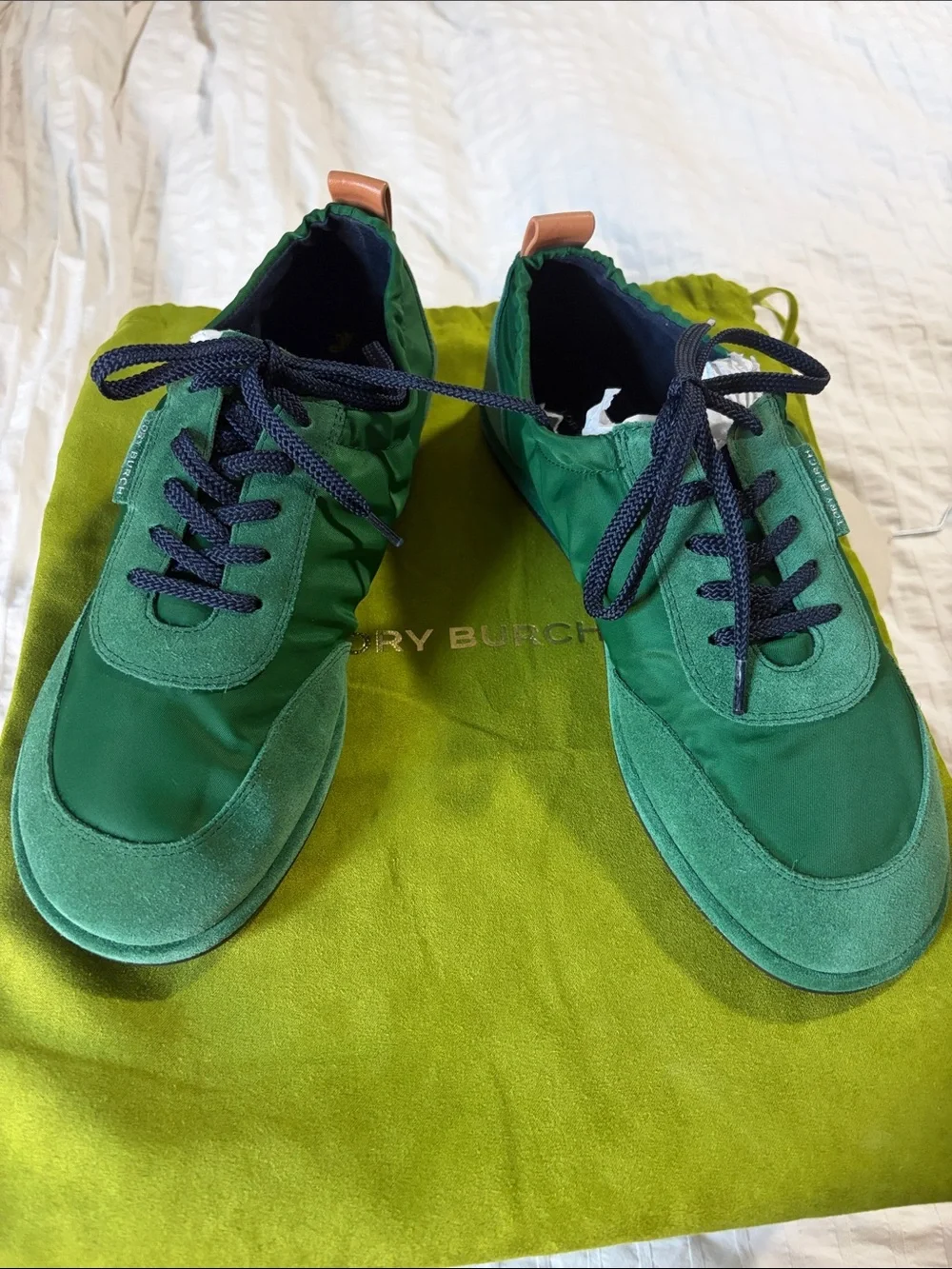 Tory Burch Green Canvas & Suede Lace-Up Flats